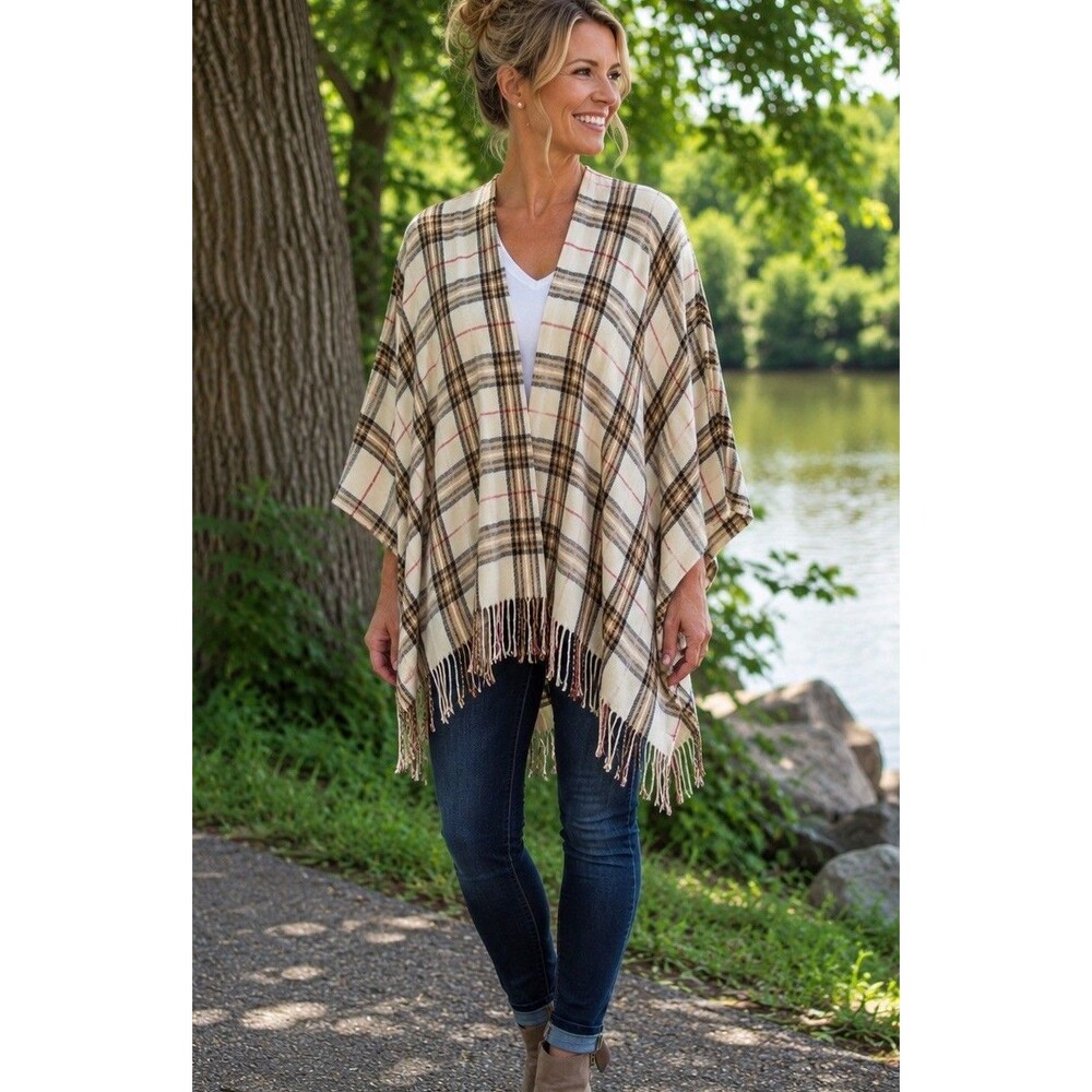 V.Fraas Women’s Multi Plaid Open Front Wrap Shawl~EUC